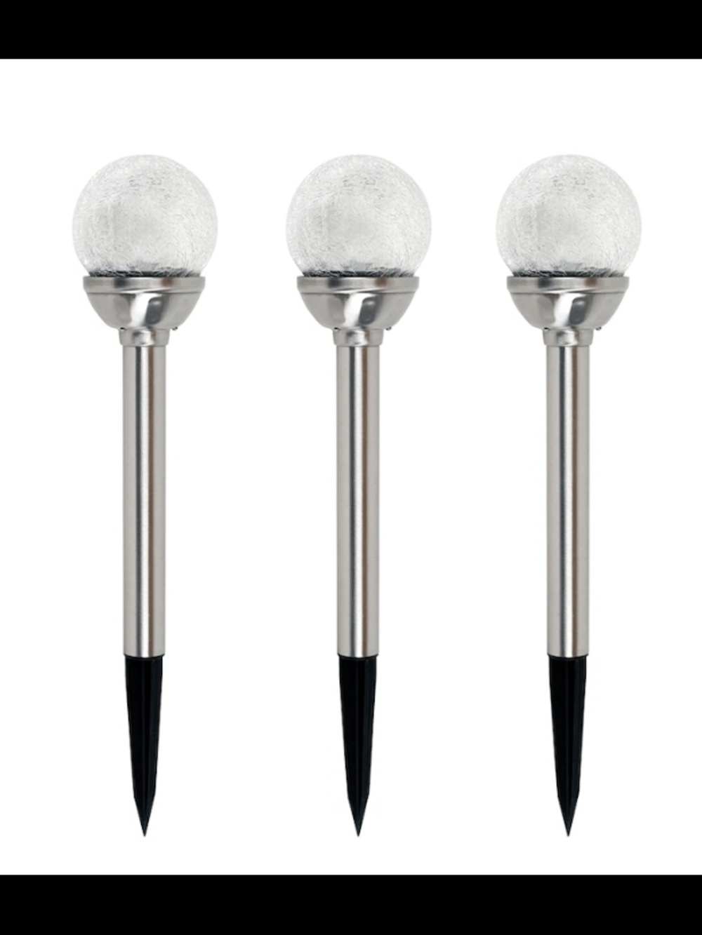 NIB Fusion Solar Stainless Steel Crackle Glass Ball Stake Light 3-Pack Colour